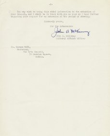 Letter from John A. McKinney, American Embassy to Mervyn Wall, Secretary of the Arts Council. (Page 2)